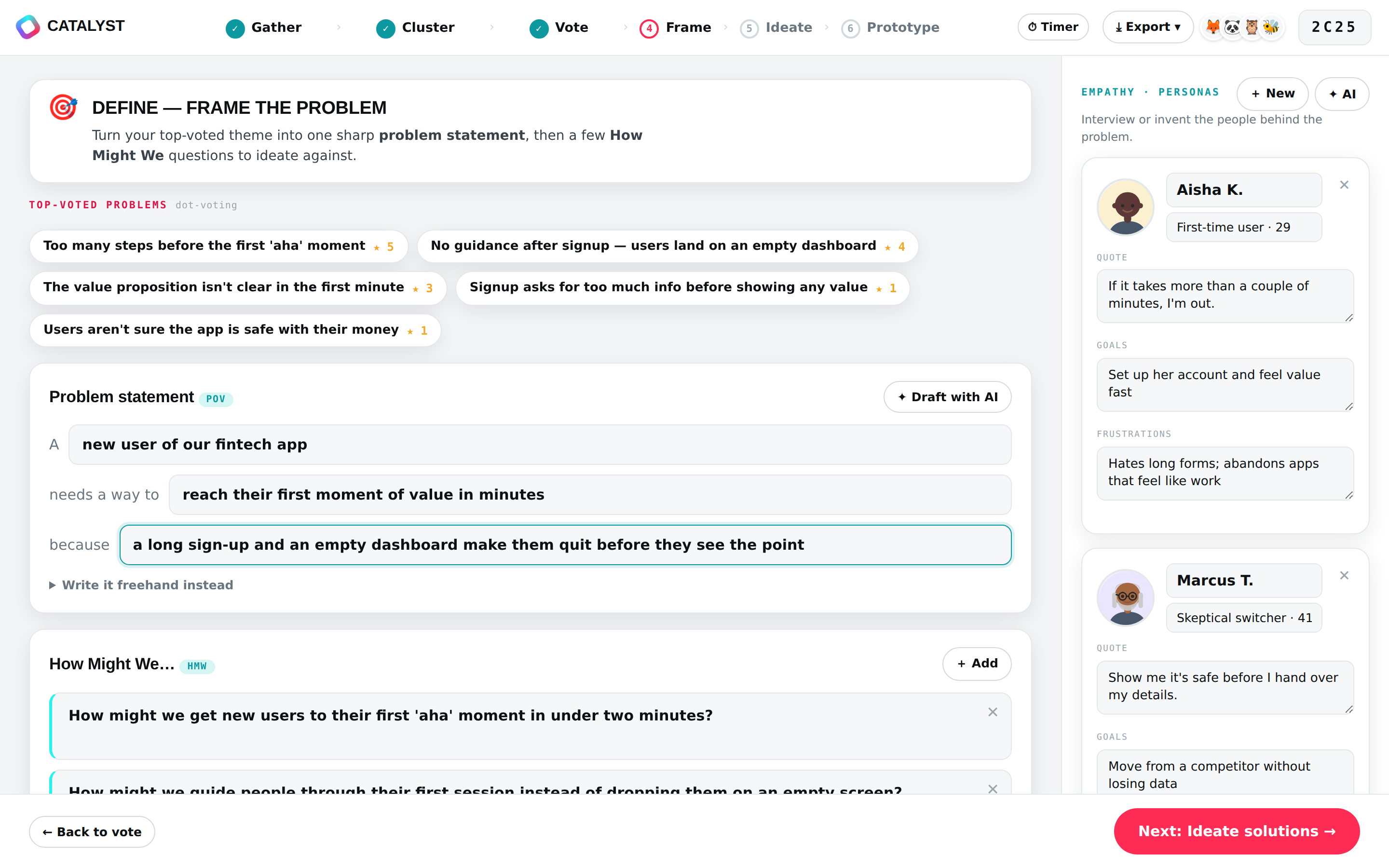 Define screen with top-voted problems, a problem statement and personas