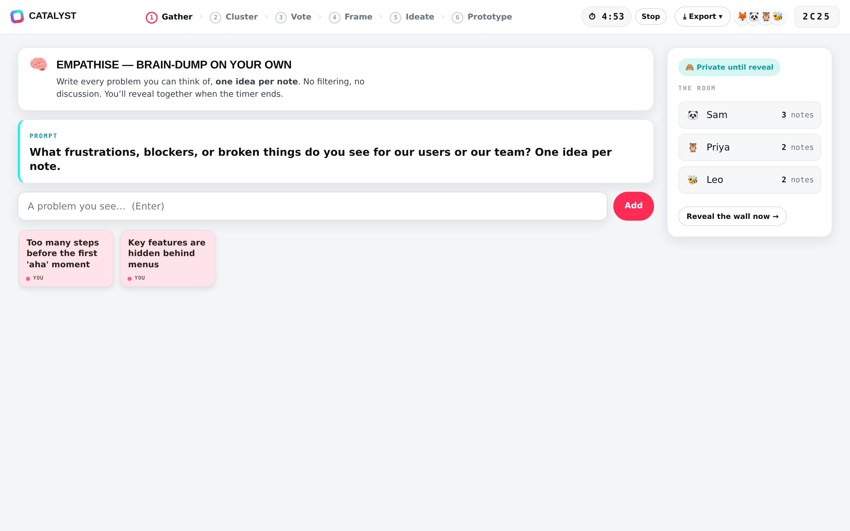 Blind brain-dump screen with a timer and private notes