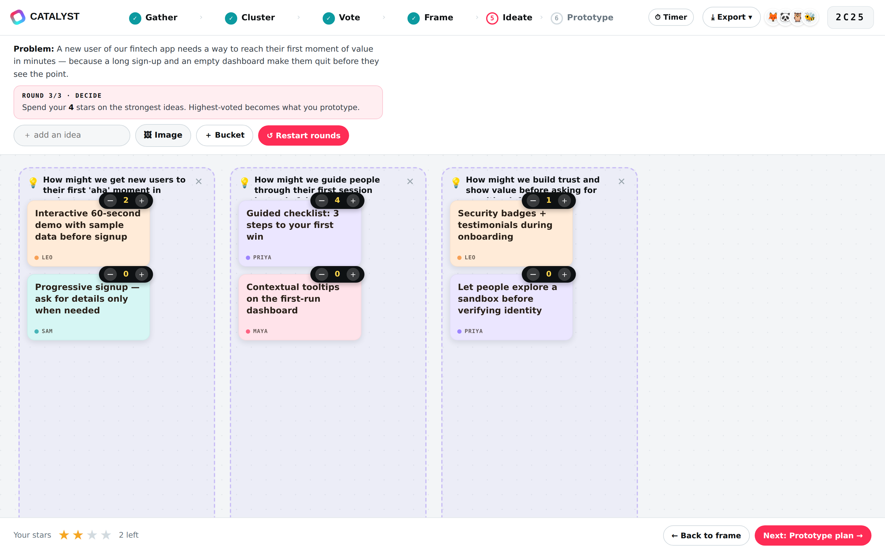 Guided ideation screen with HMW buckets, ideas and round controls