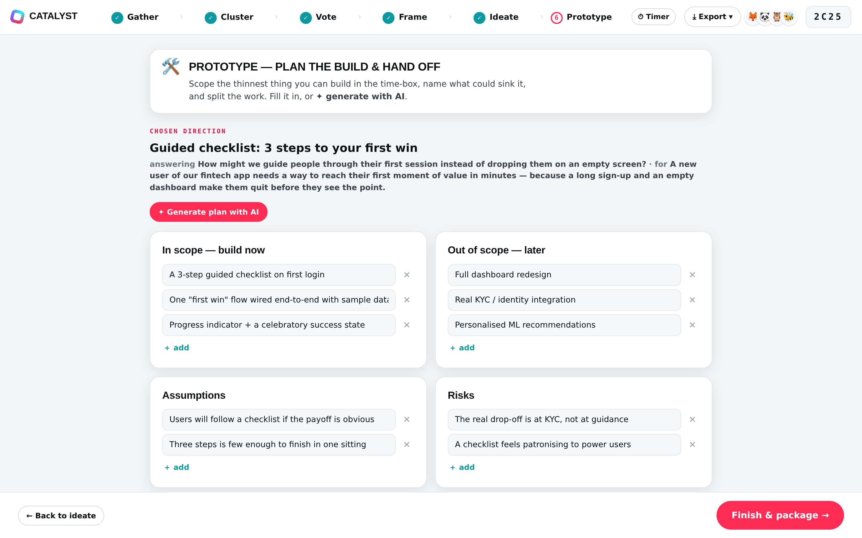 Prototype planning screen with MVP scope, assumptions, risks, metrics and tasks