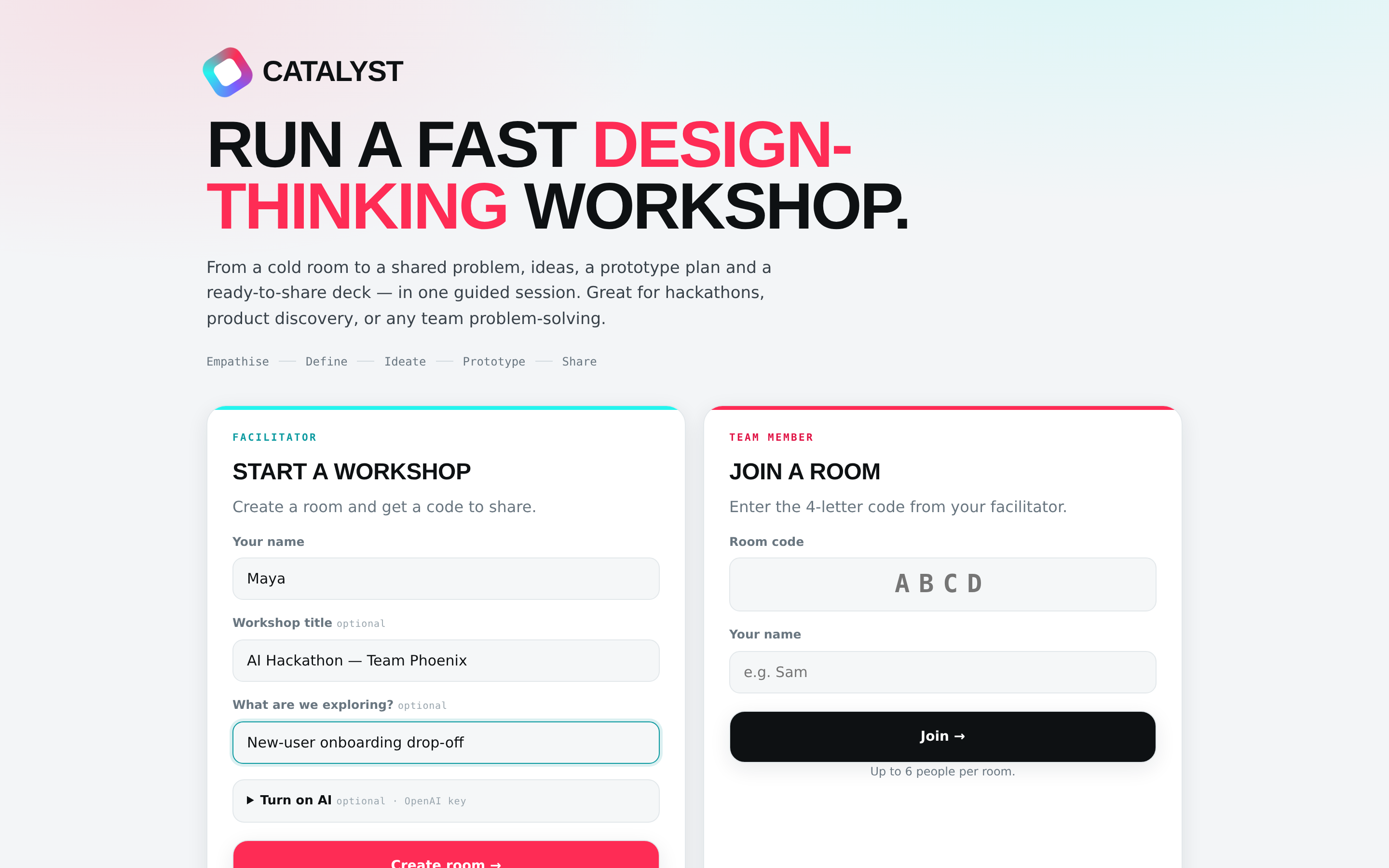 Catalyst start and join screen for a guided design-thinking workshop