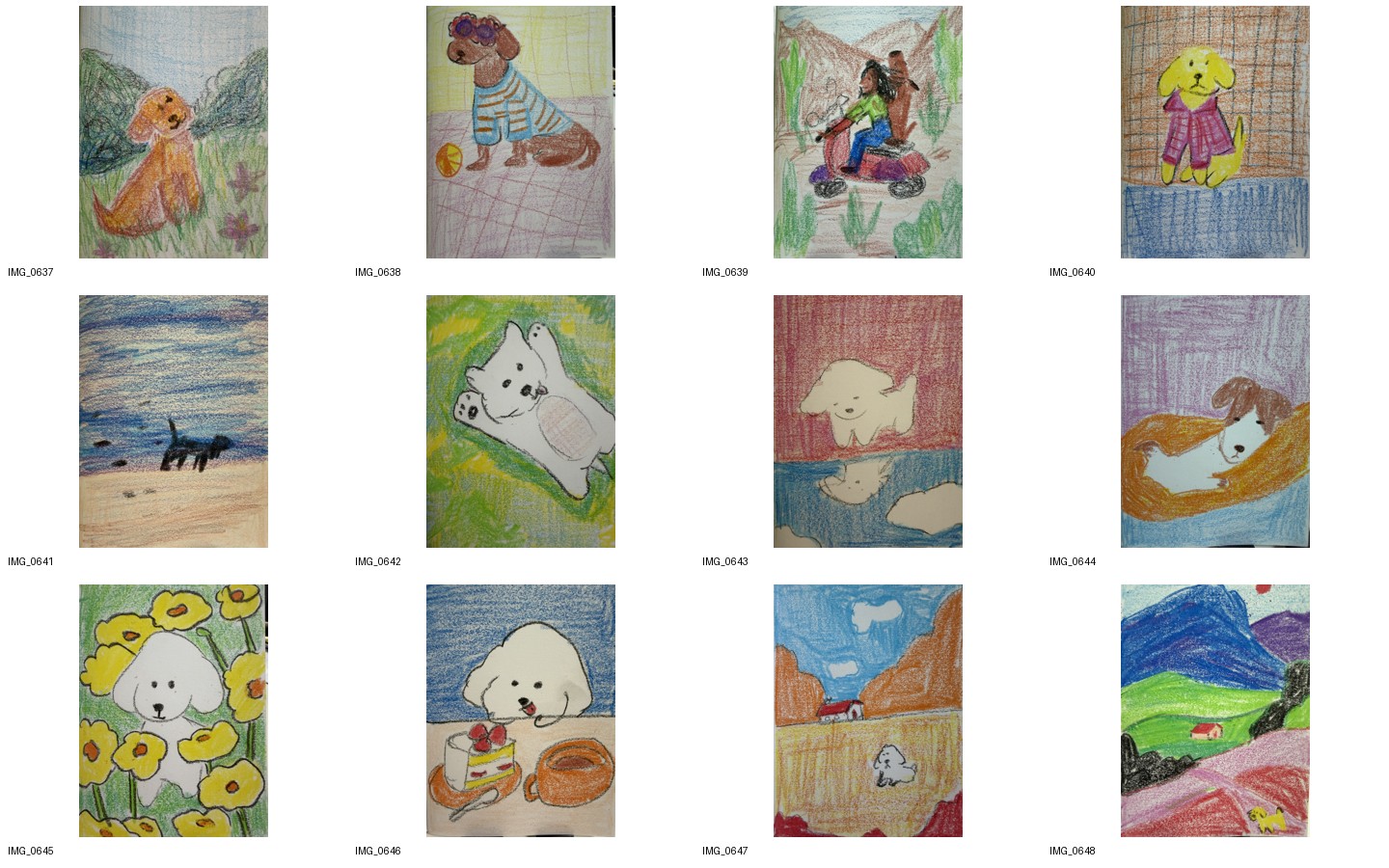 First contact sheet of Niharika's original crayon drawings