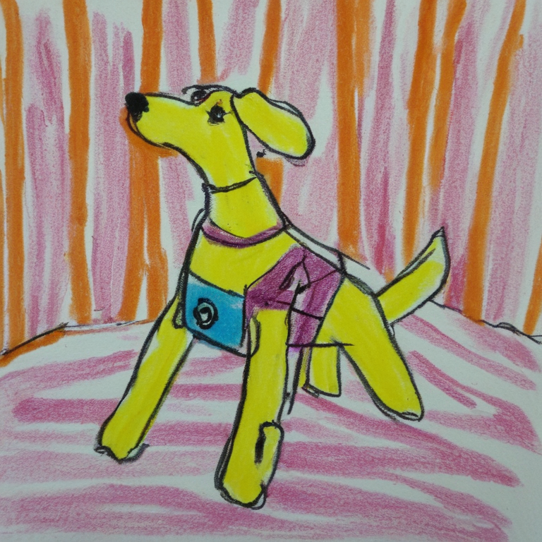 Generated crayon drawing of a yellow animatronic dog