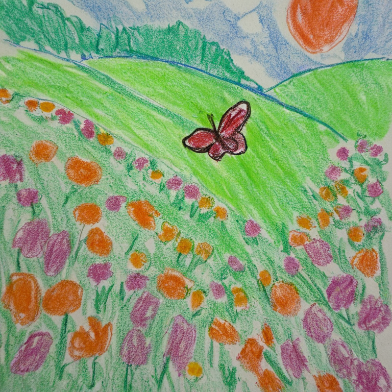 Generated crayon drawing of a butterfly over a flowered hillside