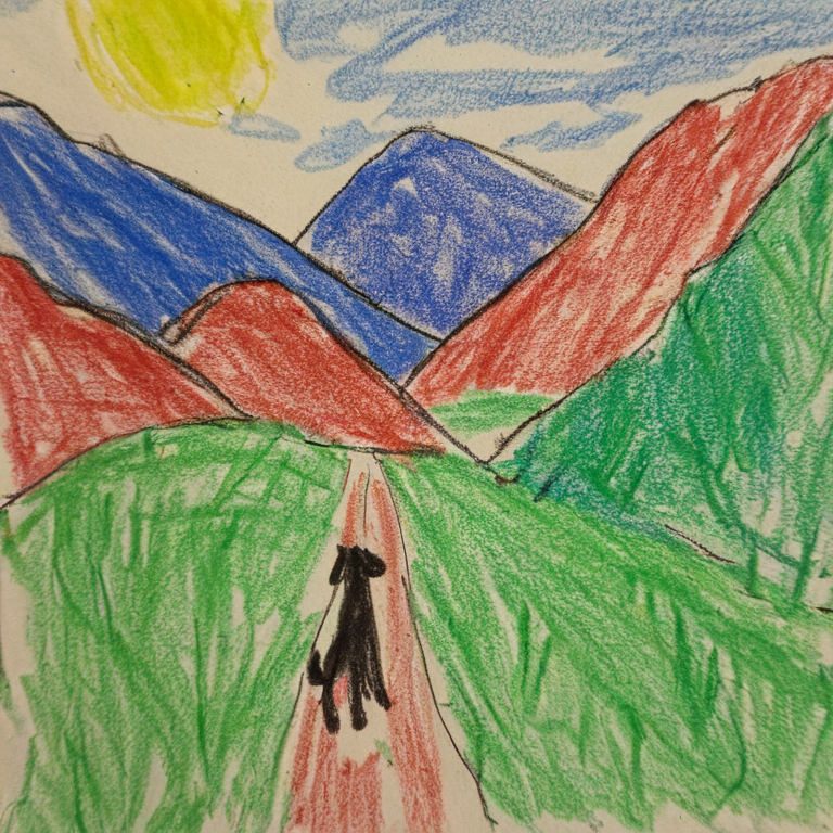 Generated crayon drawing of a dog walking toward colourful mountains