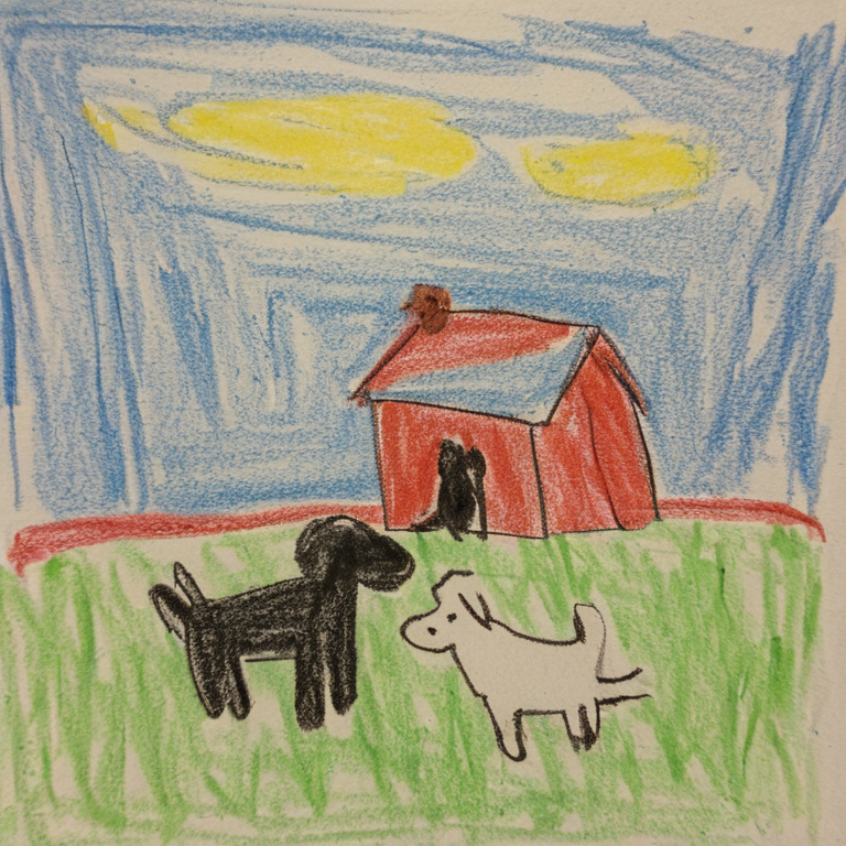 Generated crayon drawing of two dogs near a red house