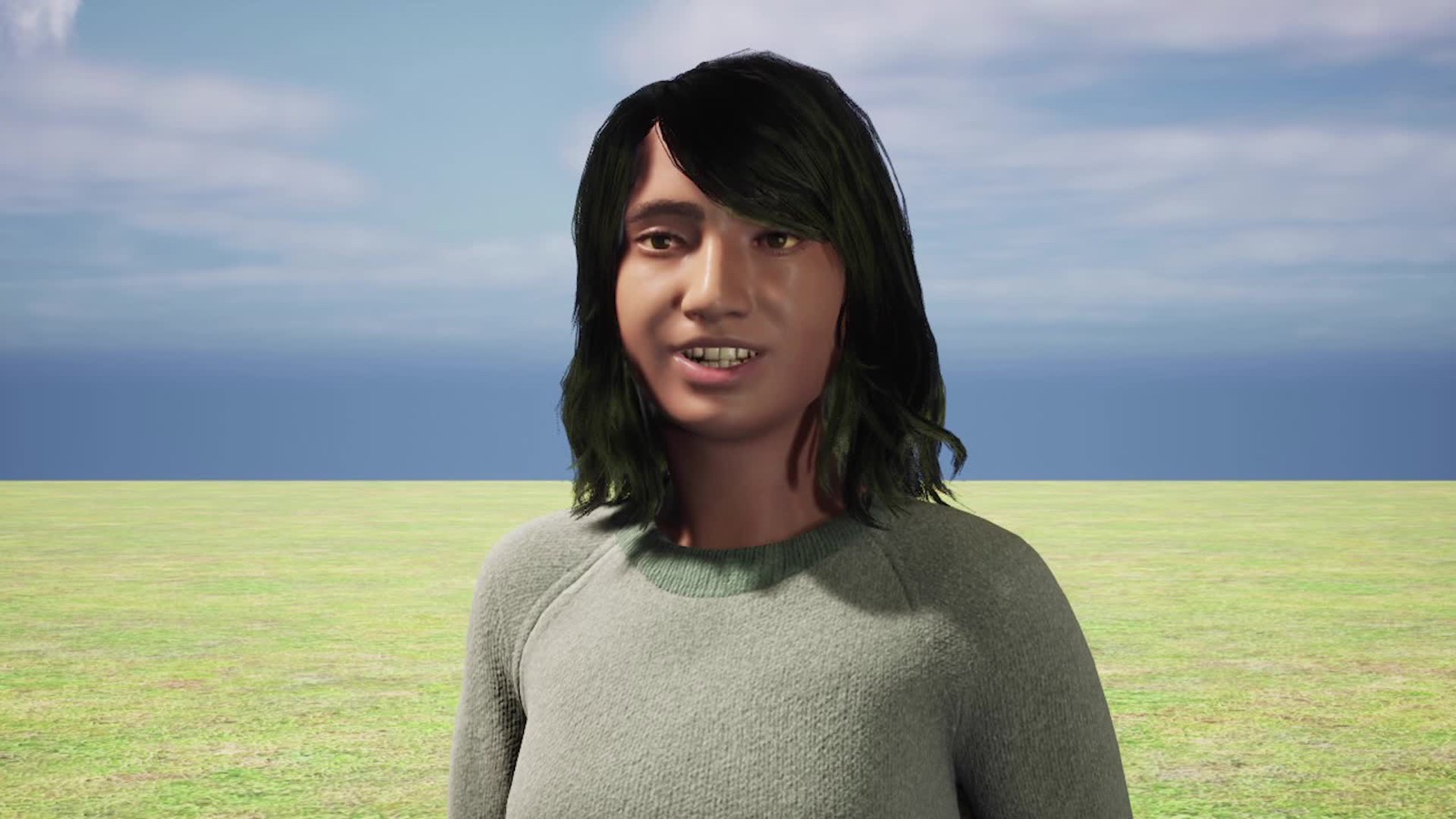 Realistic MetaHuman presenter rendered in an Unreal Engine environment