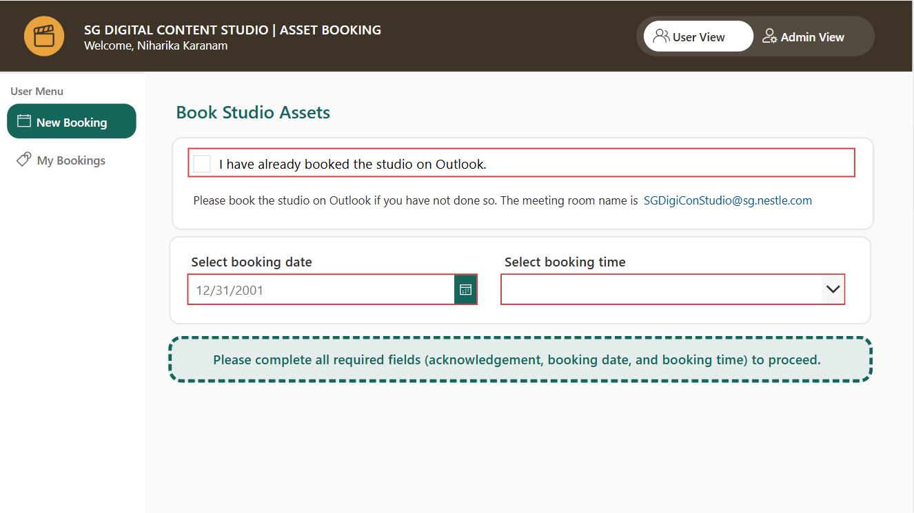 Booking declaration, date and time page