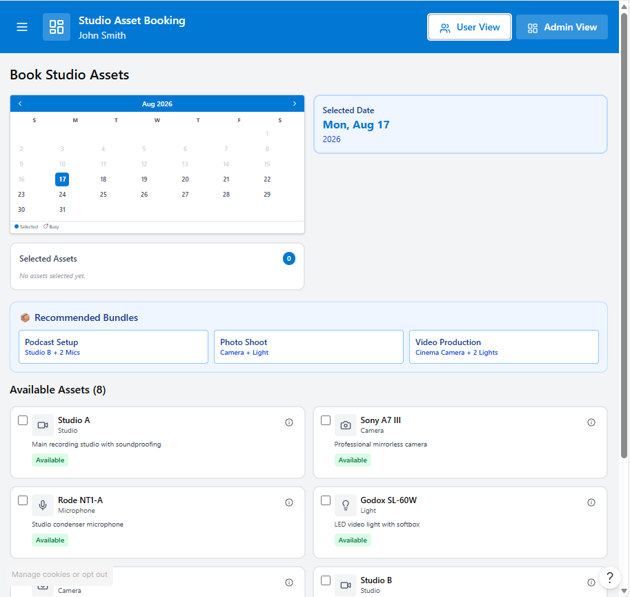 Booking calendar and asset selection prototype