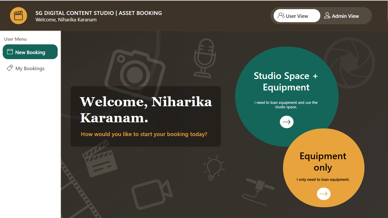 Studio Asset Booking app home screen