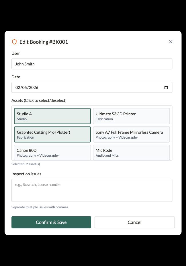 Edit Booking form with user, date, assets and inspection issues