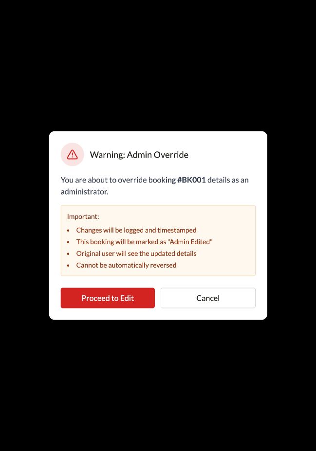 Administrator override warning shown before editing a booking