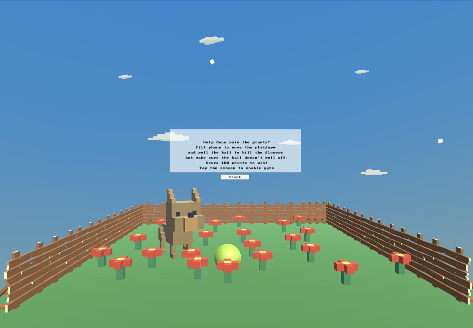 COCO gyroscope game with a dog, ball and flower field